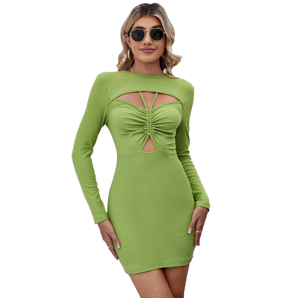 Casual Hollow Out Bodycon Mini Dress Comfortable Long Sleeve Halter Neck Spring Summer Style Wholesale Available