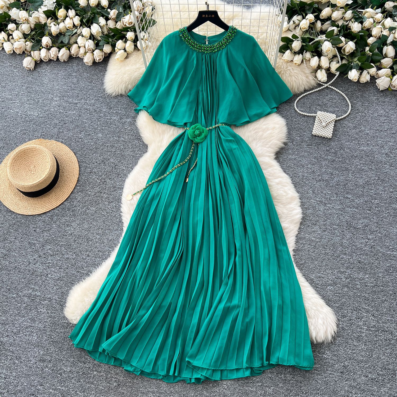 French Style Elegant Chiffon Dress Embellished Round Neck Waist Tie Pleated Design Perfect for Parties and Special