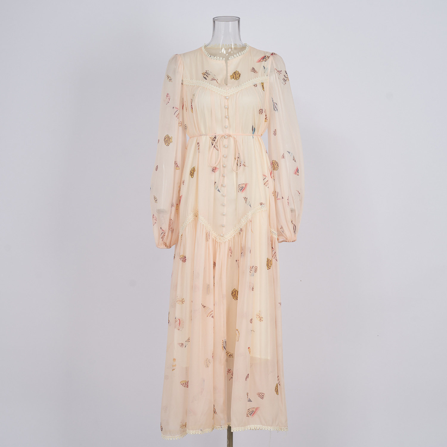 Vintage French Style Lace Trimmed Dress Elegant Waist Tie Lantern Sleeves Floral Print Perfect for Formal Events