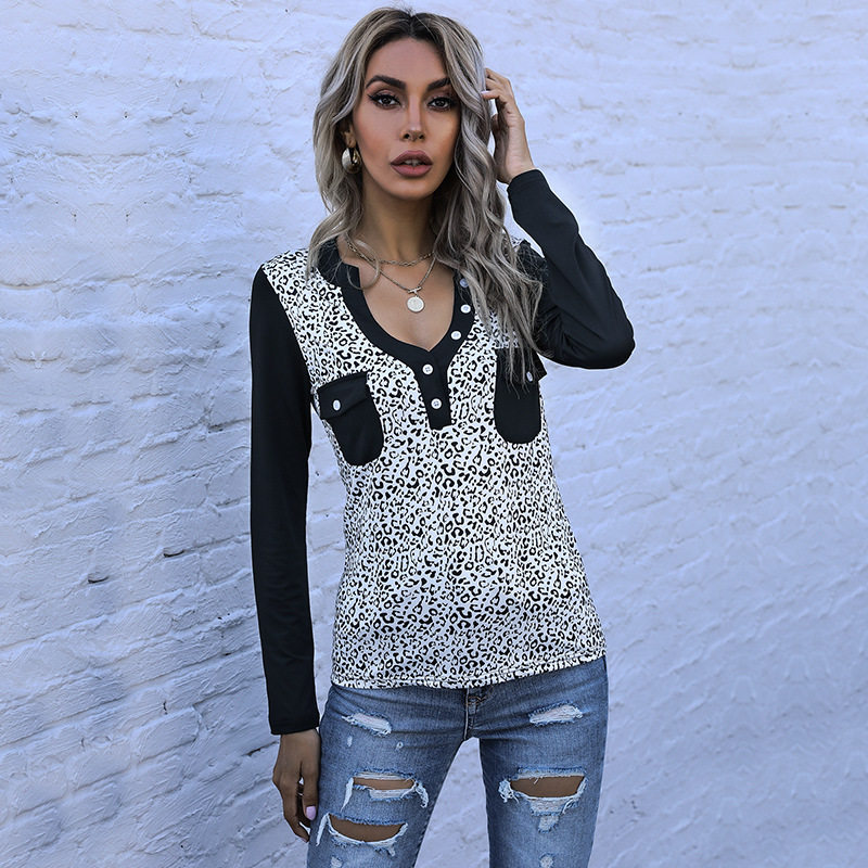 Long Sleeve Leopard Print Black T Shirt Slim Fit Casual Style Comfortable Fabric Perfect for Everyday Wear