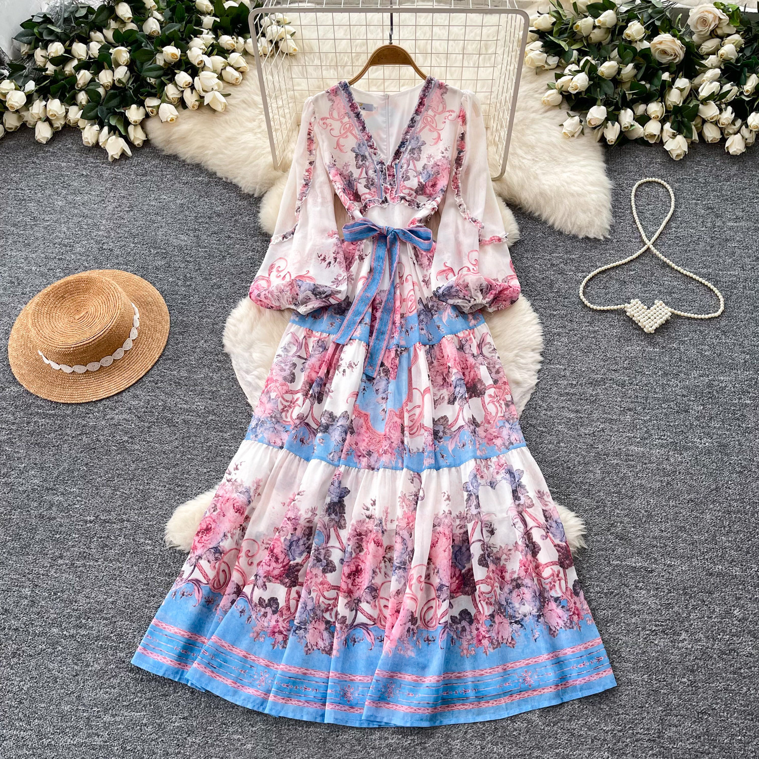 Bohemian Floral Maxi Dress for Women V Neck Long Sleeve Waist Tie A Line Silhouette Elegant Vacation Style
