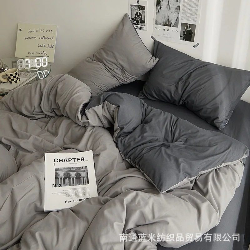 Foreign Trade E-Commerce Healing Haze Gray Pure Color Household Double Four-Piece Set Washed Brushed Dormitory Three-Piece Set