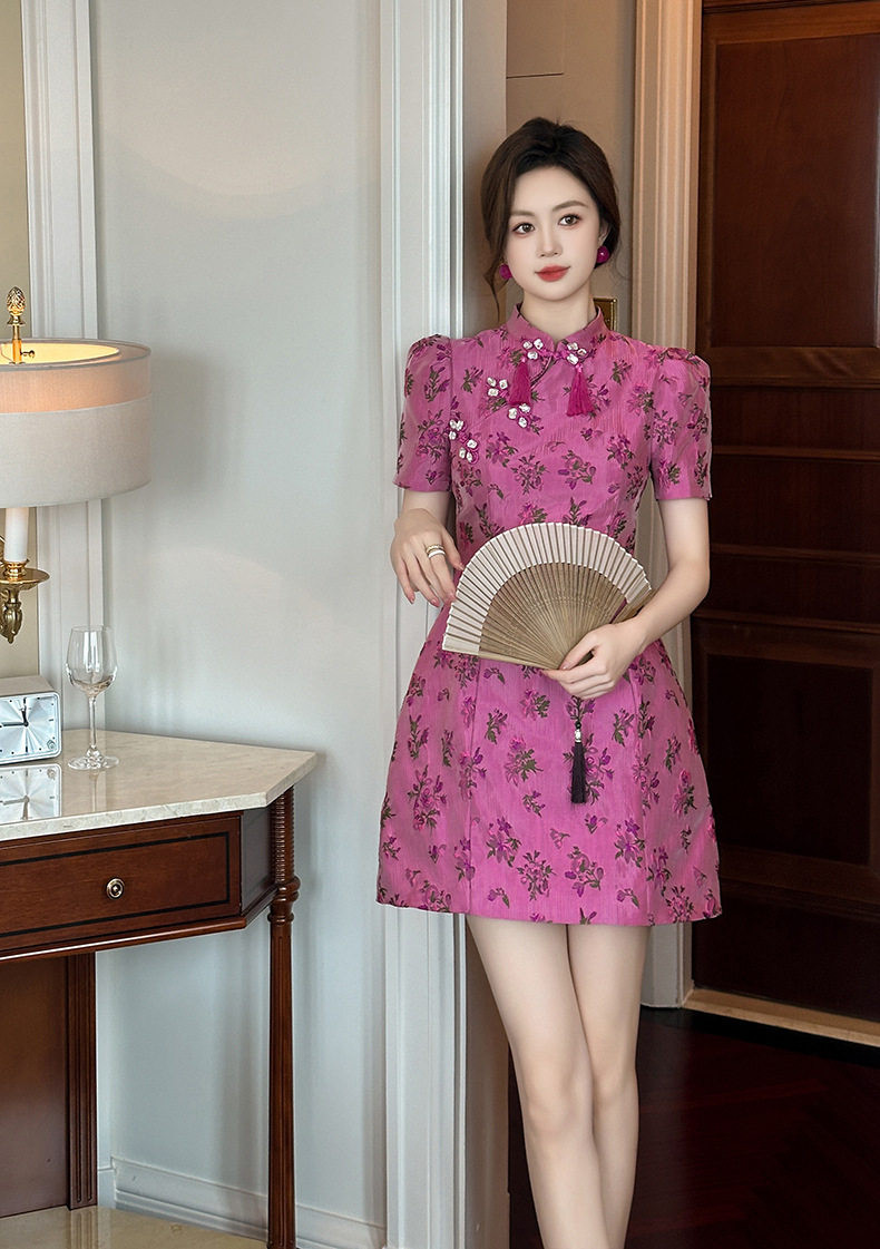 Đầm sơ mi Trung Hoa dáng suông midi in hoa tay ngắn — [Hồng dâu tây] chi tiết 5