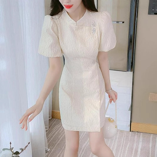 Summer French Style Modified Qipao Dress for Women Short Puff Sleeve Elegant Fit Petite Size Perfect for Casual