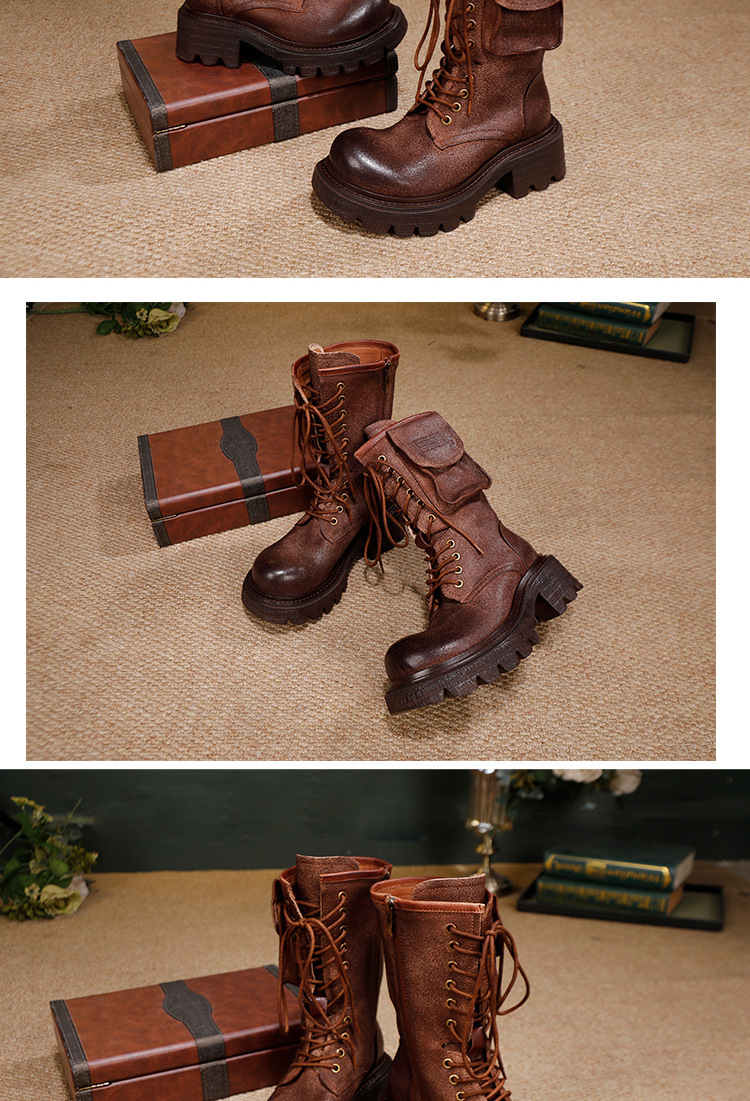 Boot Martin nữ da thật cổ trung, phong cách Anh cổ điển, khóa kim loại cá tính — màu cà phê