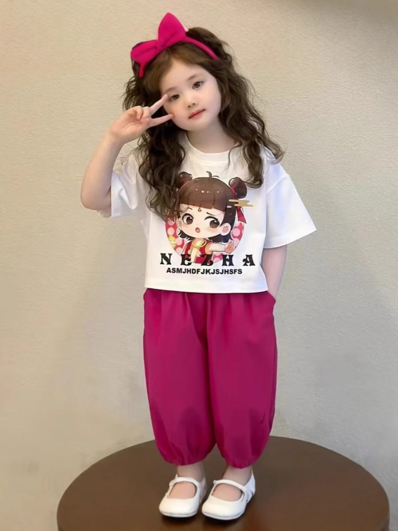 Set di due pezzi sportswear a maniche corte sottili bambine bimbi e piccoli bambini nuova estiva, stampa Nezha neonata bambina