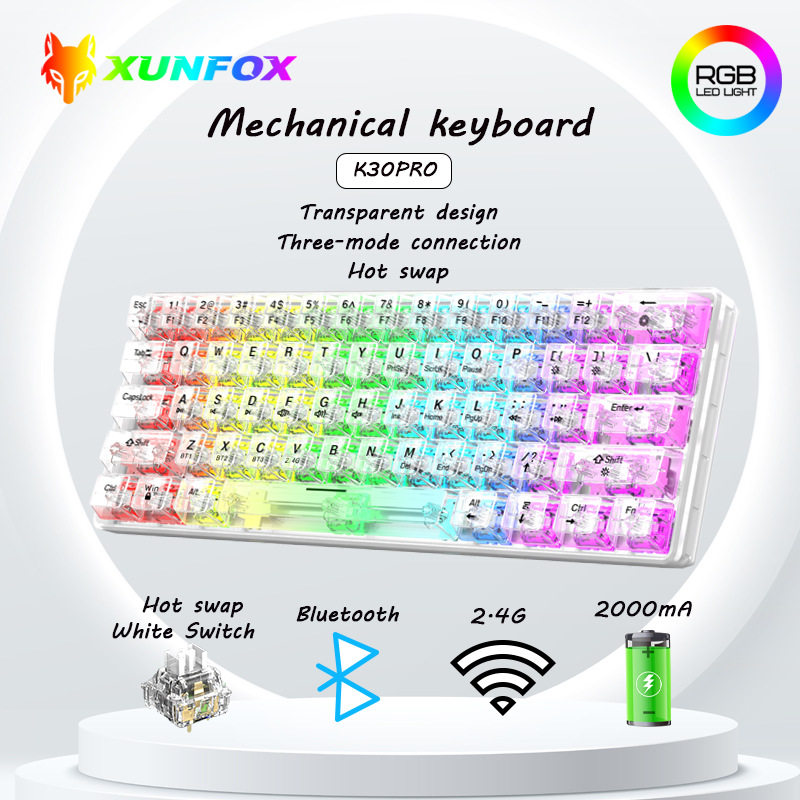 K30Pro three-mode transparent mechanical keyboard White axis hot plug customized fully transparent body RGB backlit Game