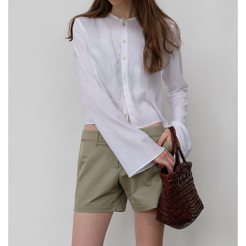 Áo sơ mi nữ linen phối gai dệt thêu họa tiết hạt gạo dáng suông tay dài — trắng