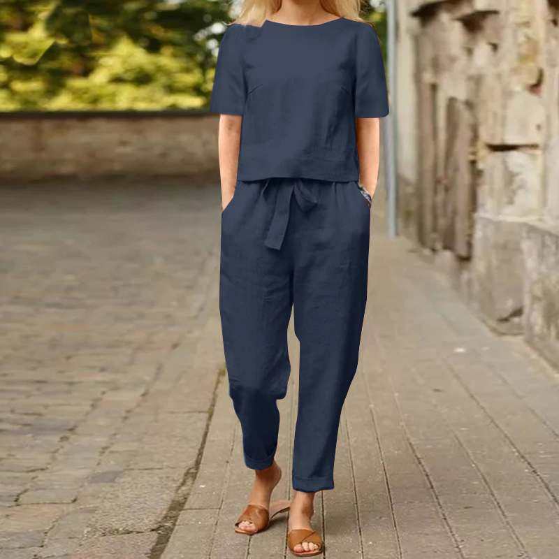 in stock cross-border foreign trade women's cotton and linen summer with suit half sleeve o collar oversize blouse e wide leg pants vintage suit