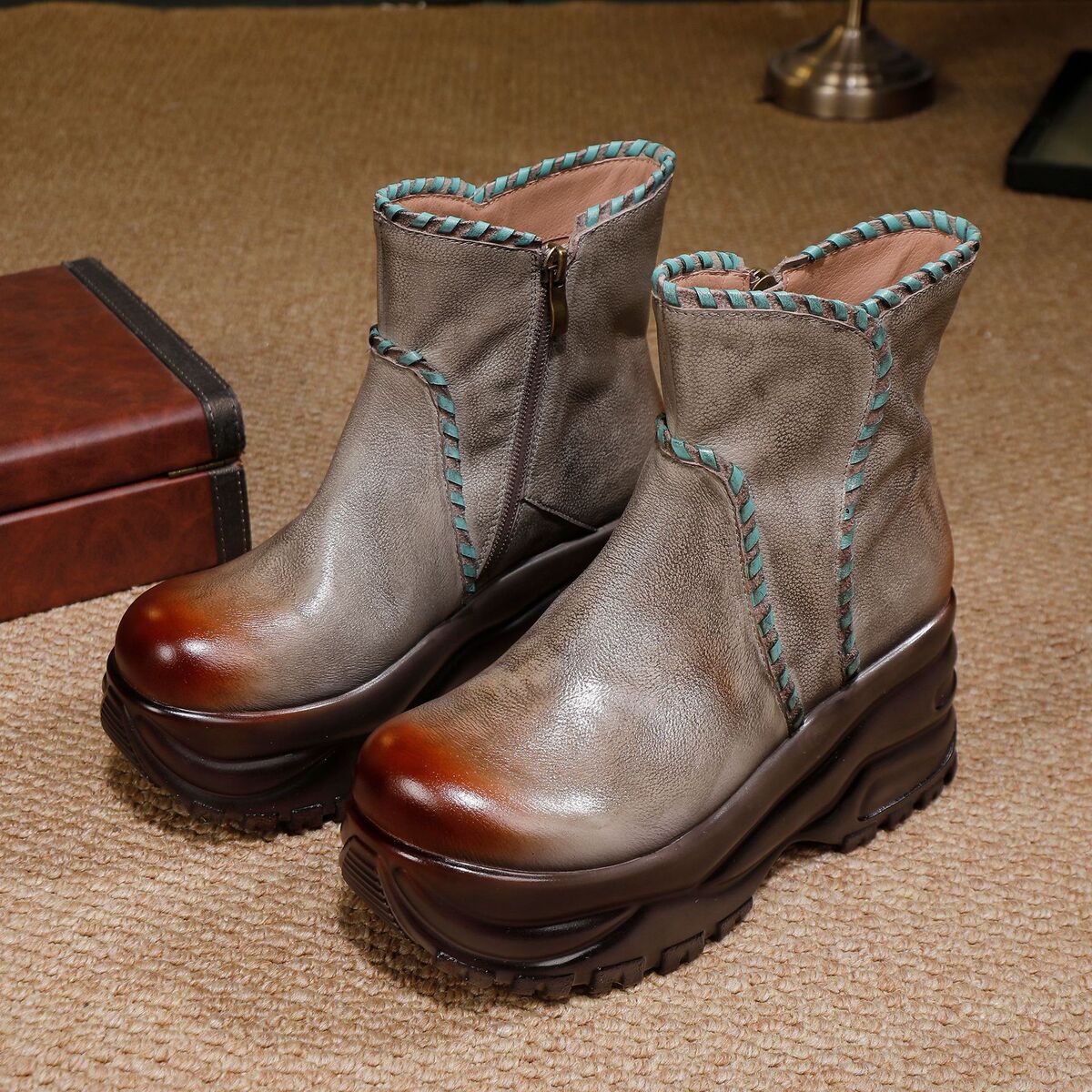 Boot nữ cổ thấp da bò thật đế dày phối màu phong cách cổ điển — màu xám, Rượu vang đỏ