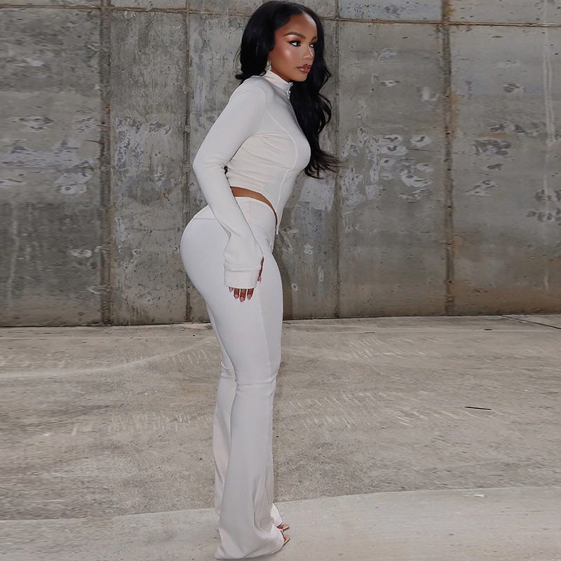 European and American Cross-border Women's Slim-fit Pleated Zipper Solid Color Navel Pants Set Long-sleeved Collar Two-piece Loose Pants Set