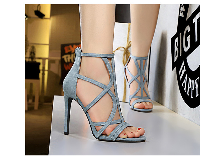 Sandal cao gót nữ gót mảnh 11cm mũi nhọn khoét lỗ phối quai thanh mảnh phong cách quyến rũ — Màu đen, Màu đỏ, Màu Kaki, Màu nude