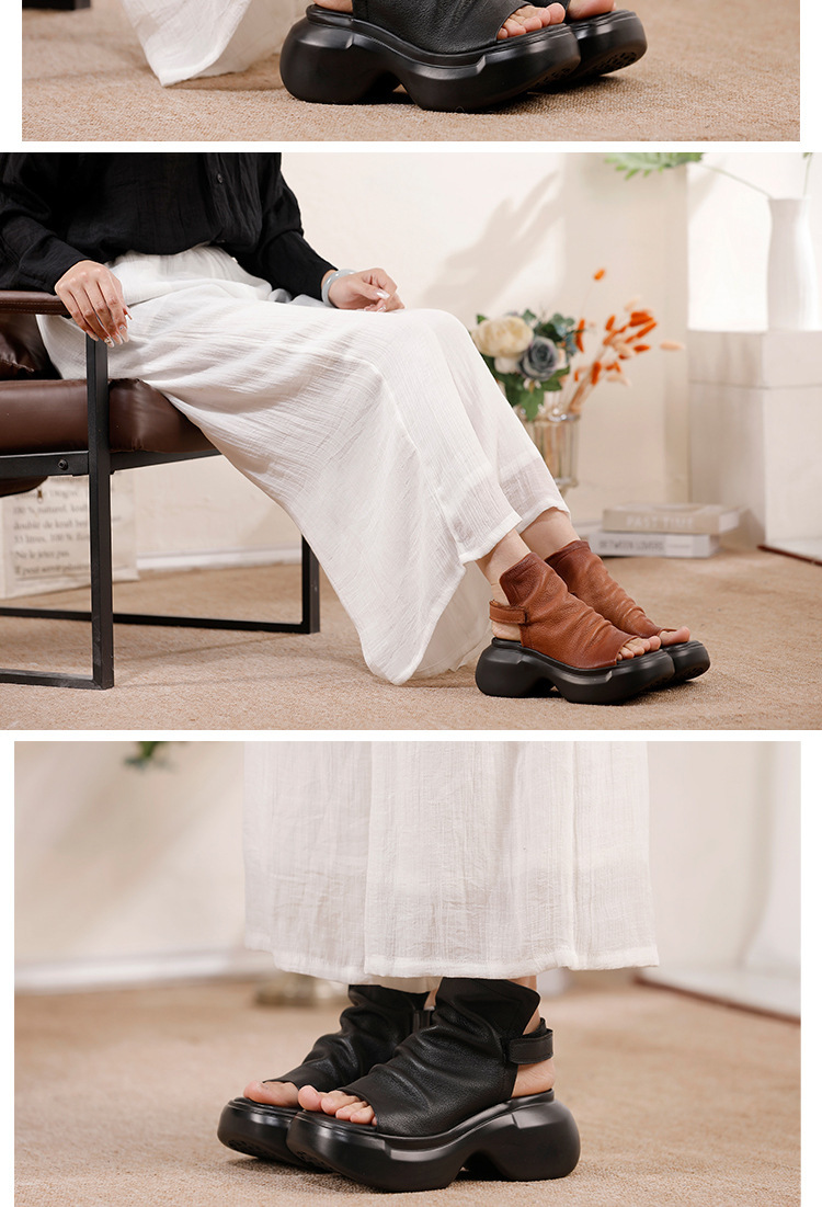 Sandal nữ mũi cá đế dày da bò thật thủ công — màu đen, Màu nâu