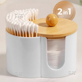 Two-in-one one bamboo cover cotton stick box makeup remover cotton storage box desktop cosmetic cotton storage box double hole round storage