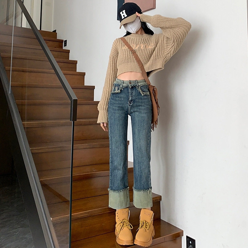 High Waisted Vintage Frayed Cigarette Jeans for Women Versatile Straight Leg Unique Design Spring Autumn Wholesale