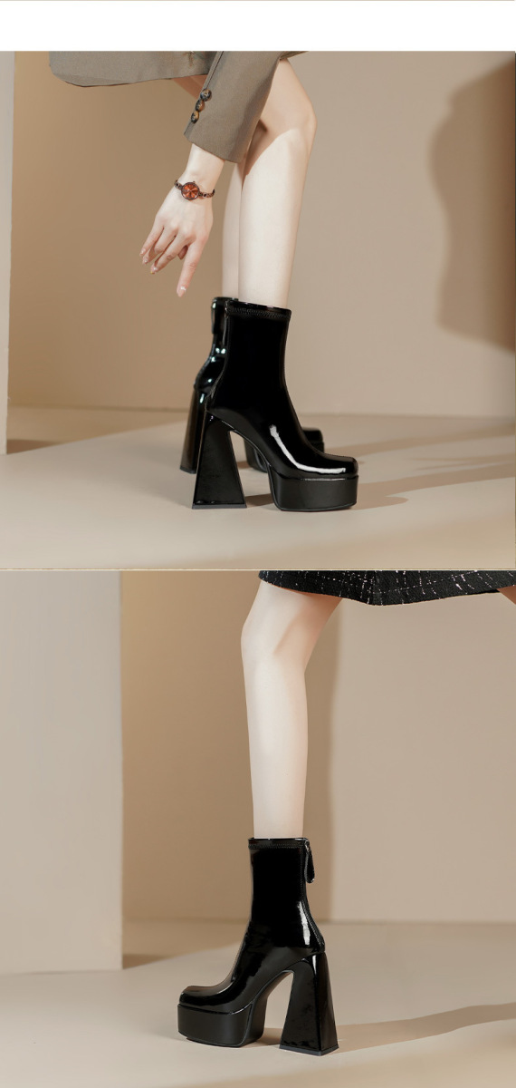 Boot nữ cổ ngắn gót siêu cao 13cm mũi vuông khóa kéo sau — Lớp lót đơn màu đen, Lót đơn màu trắng kem, Lót nhung đen, Lót nhung màu be