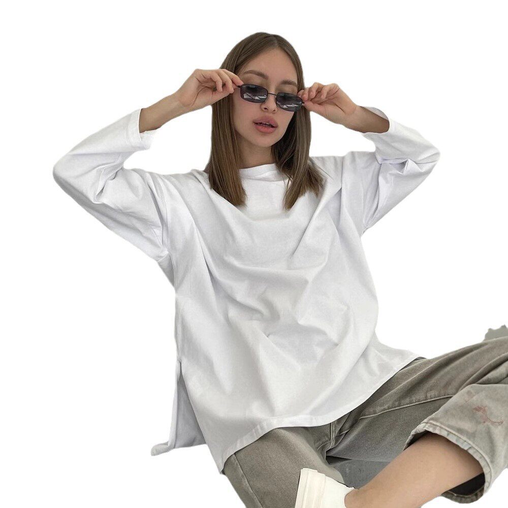 Loose Fit Long Sleeve Split T Shirt for Women 100 Cotton Solid Color Casual Style Spring Summer Collection