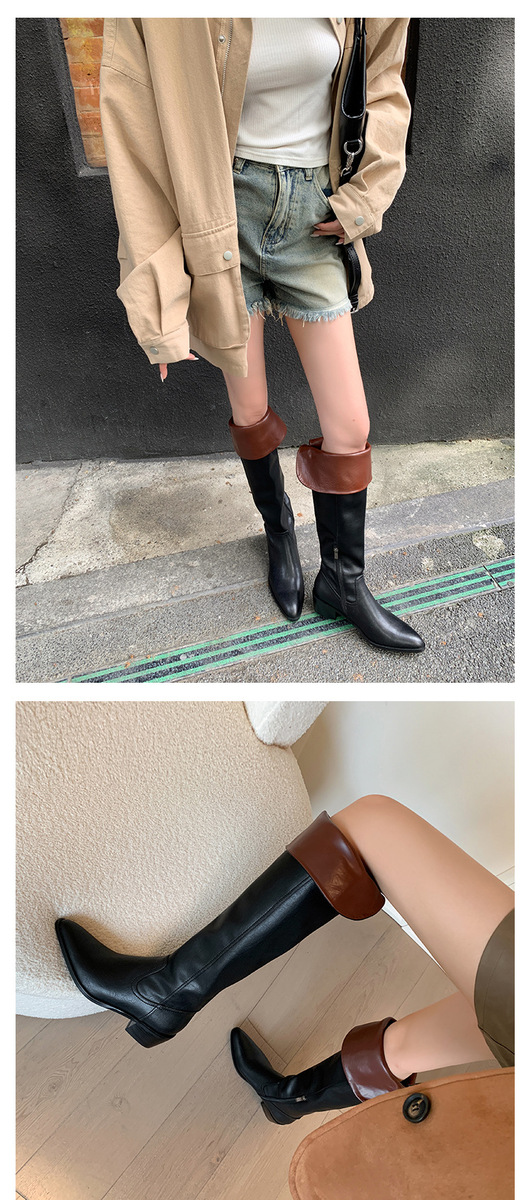 Boot nữ cổ cao quá gối da bò gót thô 5cm mũi nhọn phong cách tối giản — Lớp lót đơn màu đen, Lớp lót đơn màu đỏ neo, Lớp lót nhung đen, Mỏ neo nhung đỏ