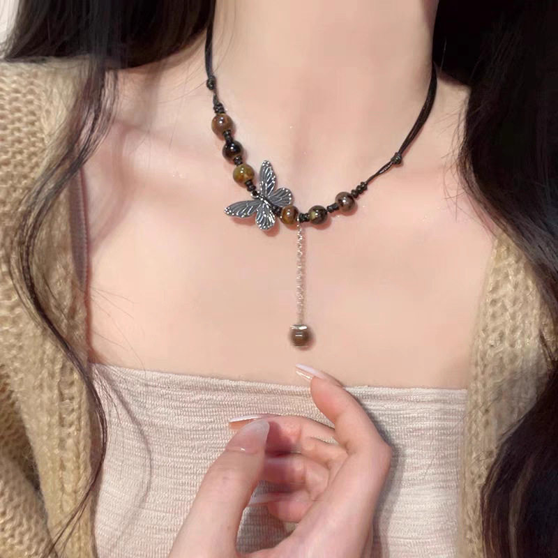 Colorful Ethnic Style Ceramic Butterfly Bell Pendant Woven Necklace Women's Accessories Retro Chinese Style Long Sweater Chain
