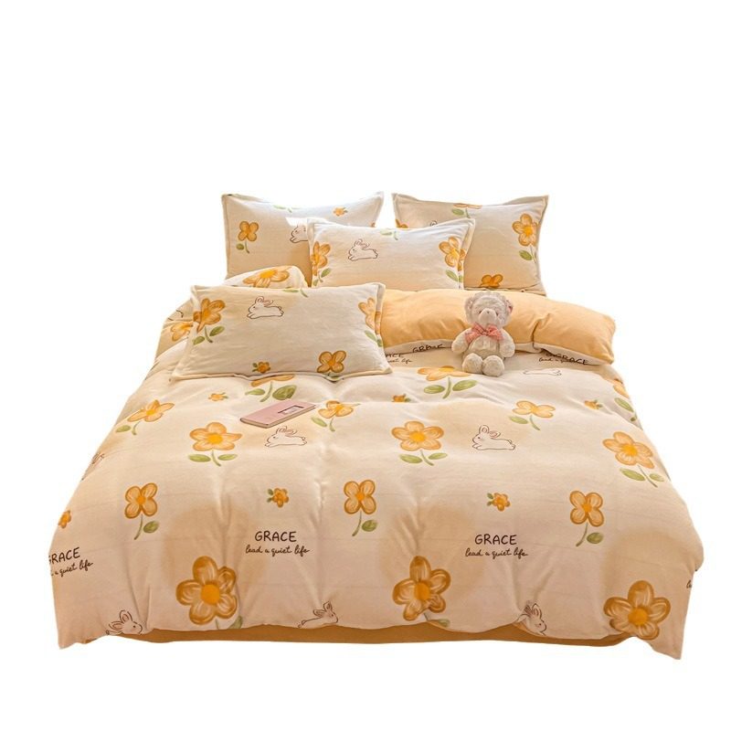 Small Fresh Milk Velvet Four-piece Set Flannel Dormitory Three-piece Set Thickened Crystal Velvet Coral Velvet Bedding