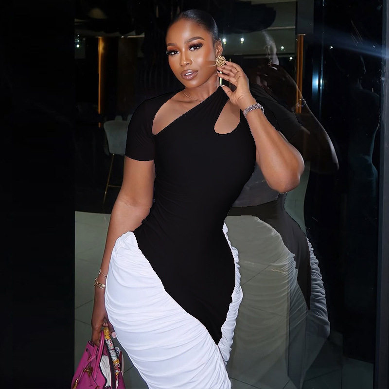 Black and White Color Block Bodycon Dress Hollow Out Design Short Sleeve Versatile Style Perfect for Street Fashion