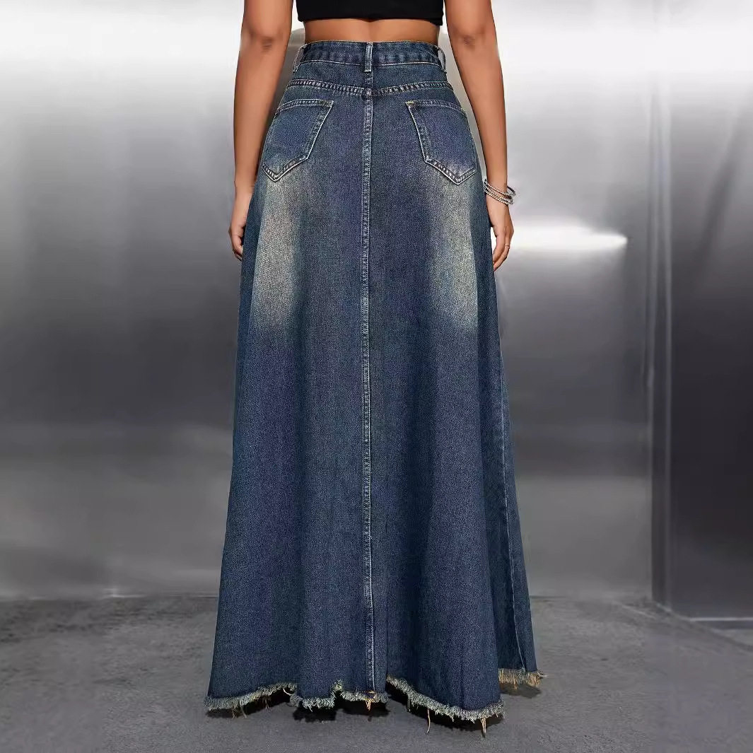 Vintage Washed Denim Maxi Skirt Versatile Comfortable Stylish Perfect for Casual Outings Wholesale Available