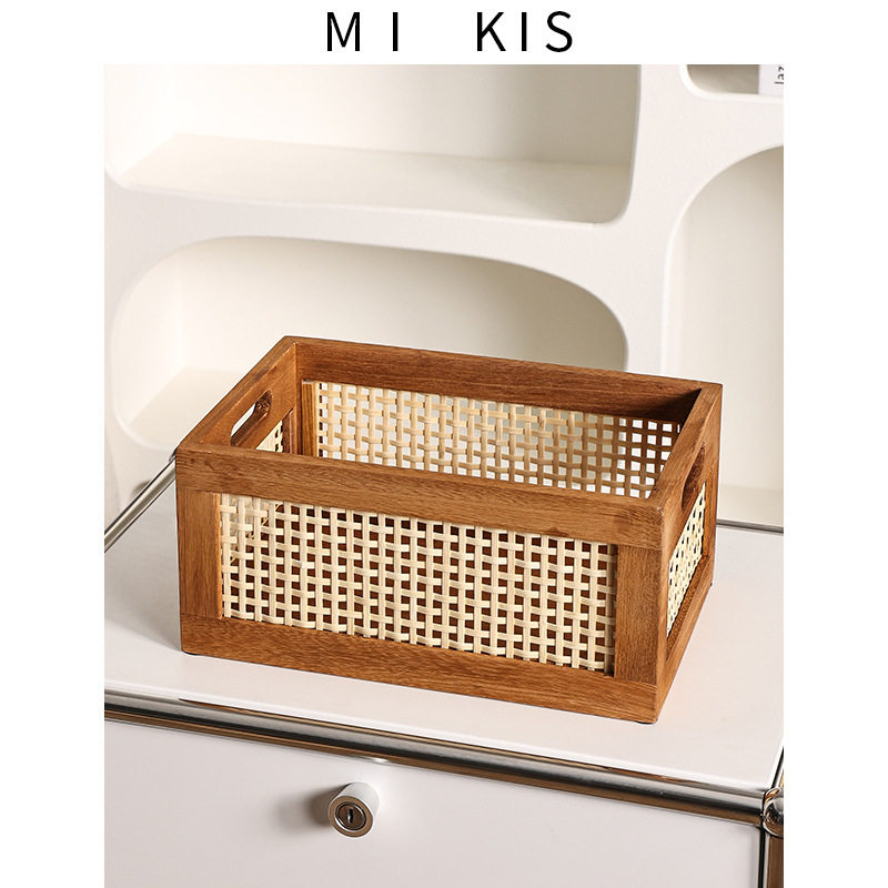 Retro hollow rattan storage basket wooden rectangular storage box Japanese style living room toy book storage basket in stock