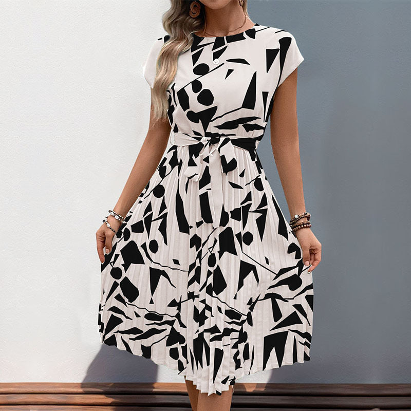 Elegant Abstract Print Pleated Dress Casual Beach Vacation Style Perfect for Summer Events Wholesale Available