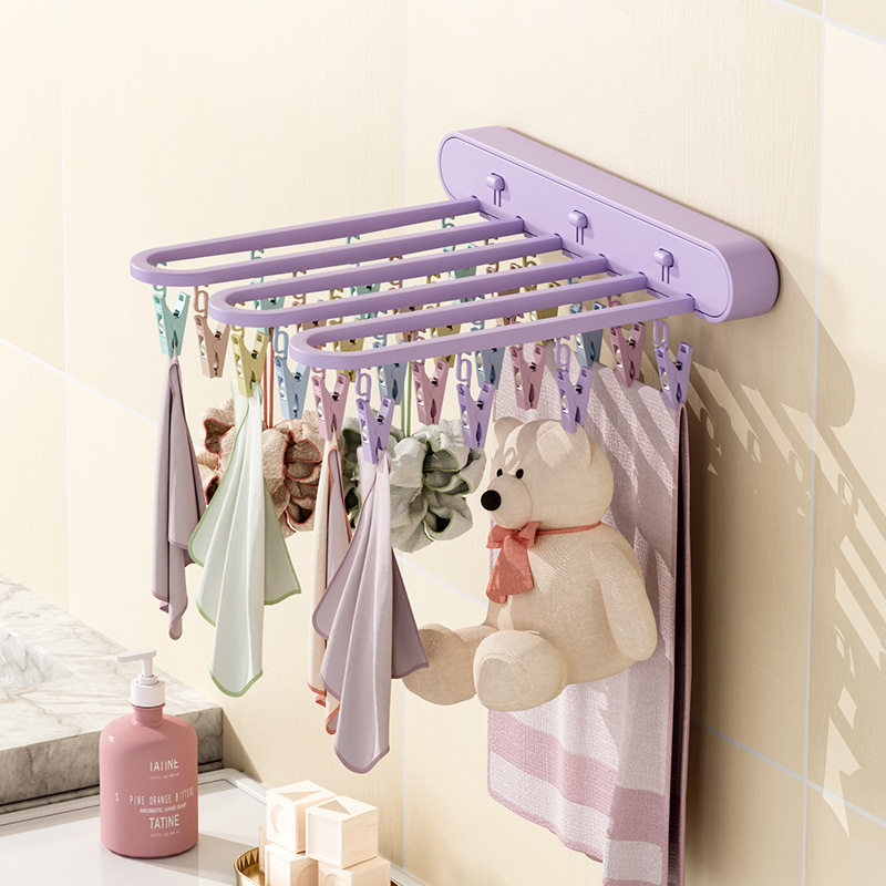 Multi-head Drying Rack Clothes Drying Rack Multi-clip Folding Wall-mounted Drying Socks Clip Windproof Hook Hanger Underwear