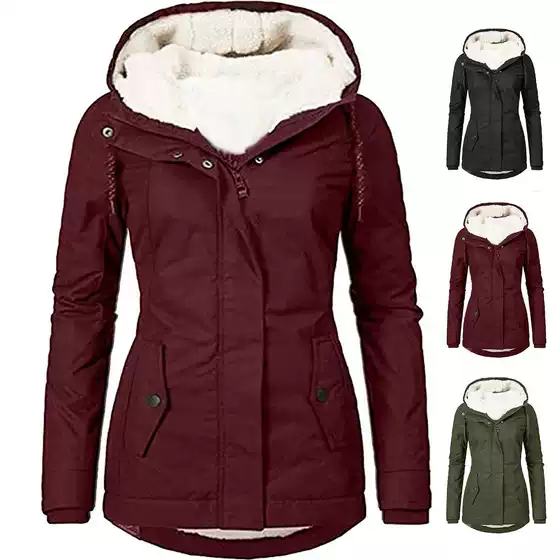 Cross-Border European and American Style Wish Autumn and Winter New Women's Coat Solid Color Mid-Length Commuter Fleece-Lined Coat for Women