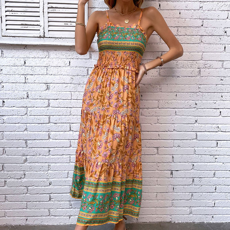 Bohemian Floral Print Ruffle Hem Maxi Dress Summer Style Lightweight Fabric Elegant Draping Wholesale Available