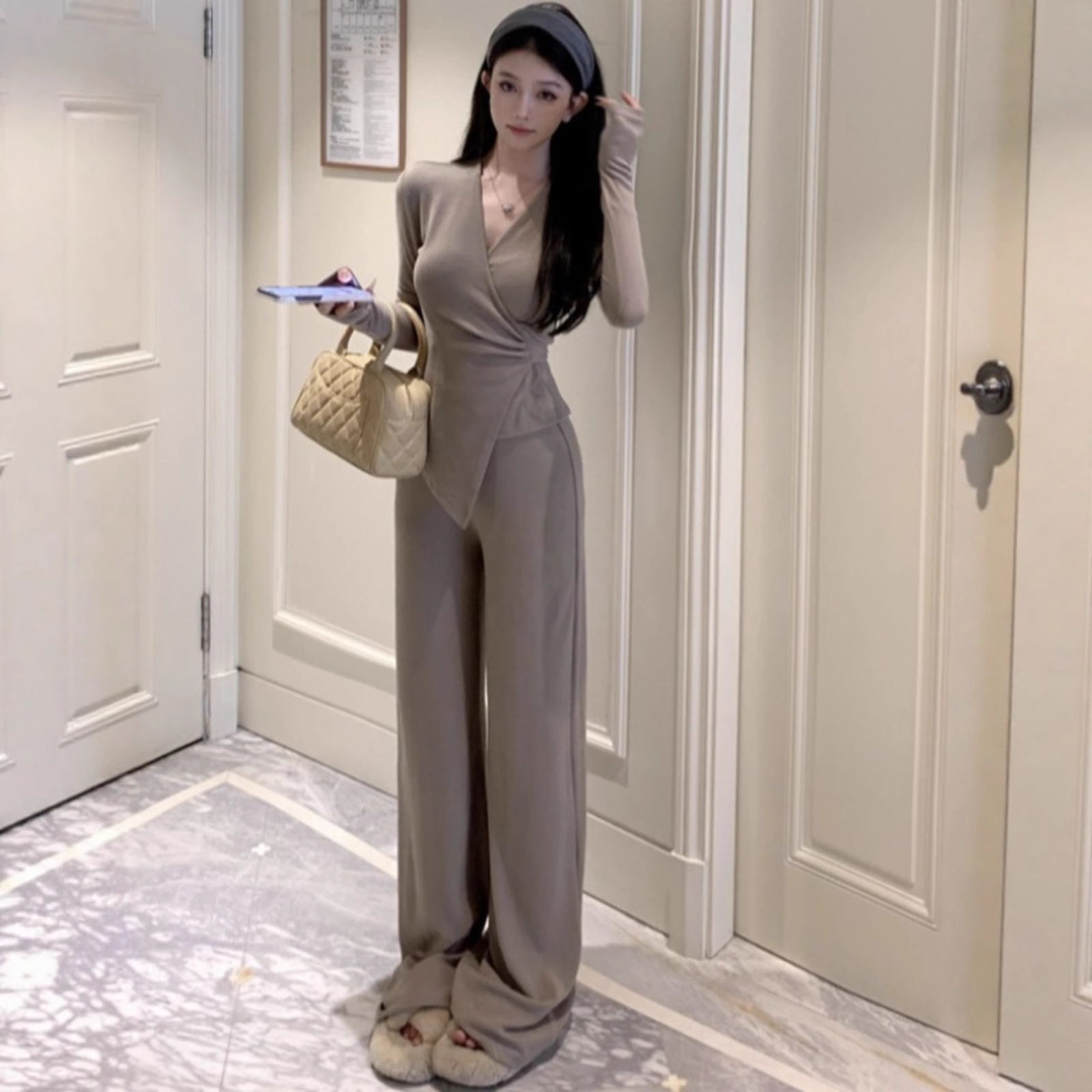 Casual Suit, Asymmetrical Slim Fit, Cross V-Neck, Long Sleeves, Fashionable Autum Wear, Micro-Flared Wide-Leg Pants Two-Piece Set