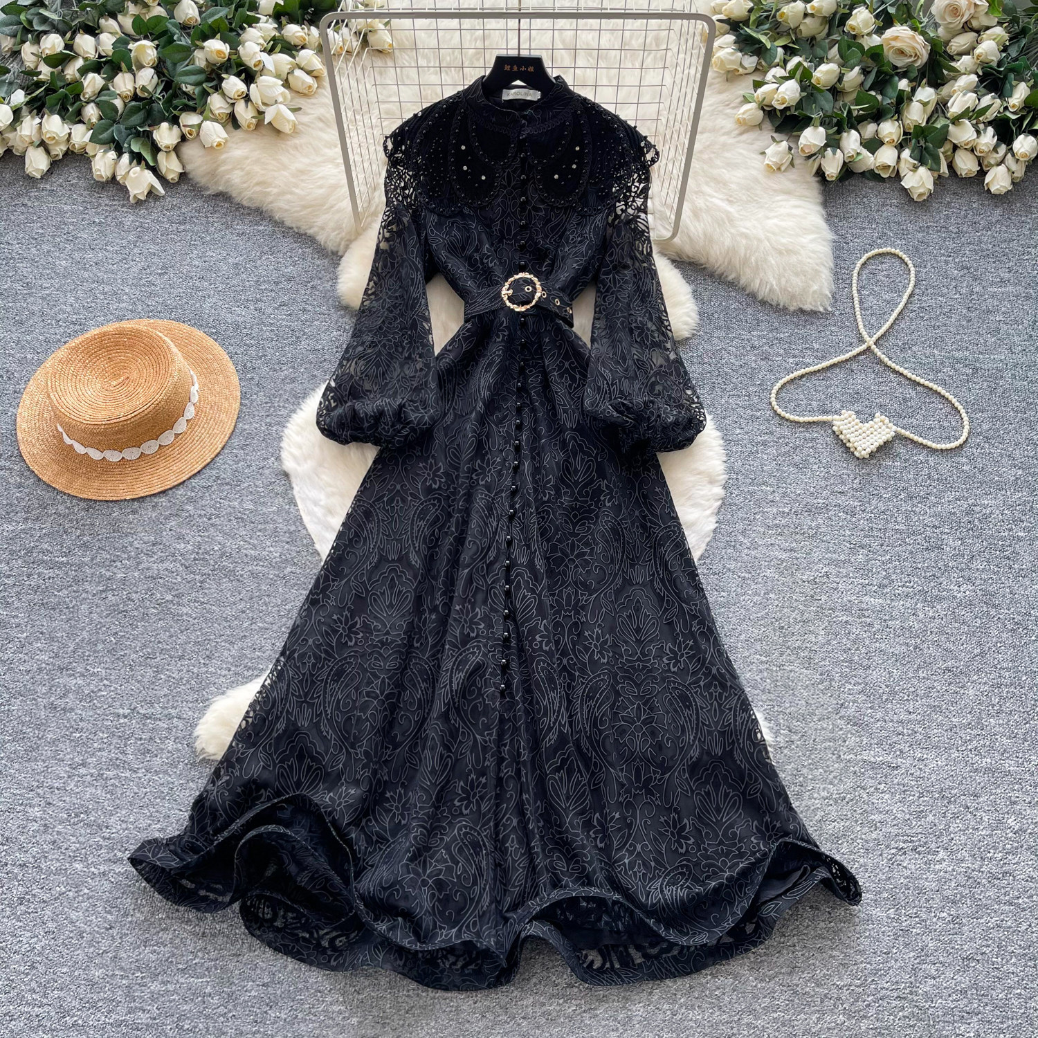 Elegant French Lace Long Sleeve Dress Fitted Waist A Line Silhouette High End Style Perfect for Commuting and Special