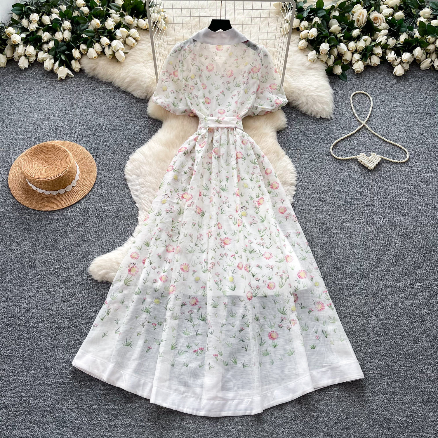 French Style Floral Print Dress for Women Short Sleeve Tie Waist A Line Silhouette Elegant Summer Occasion