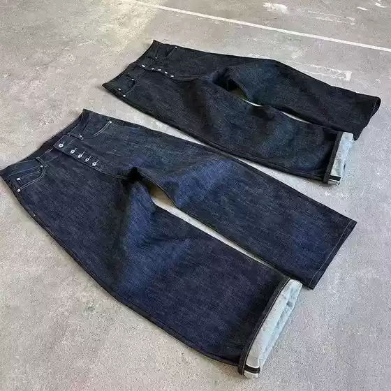 Cross-Border Five-Button Unbleached Raw Denim 14oz Loose Solid Color Straight A-Line Wide-Leg Baggy Jeans