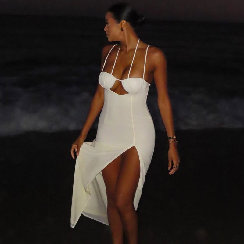 Bodycon Halter Dress Solid Color Asymmetrical Hem High Slit Chic Evening Wear for Women Wholesale Available