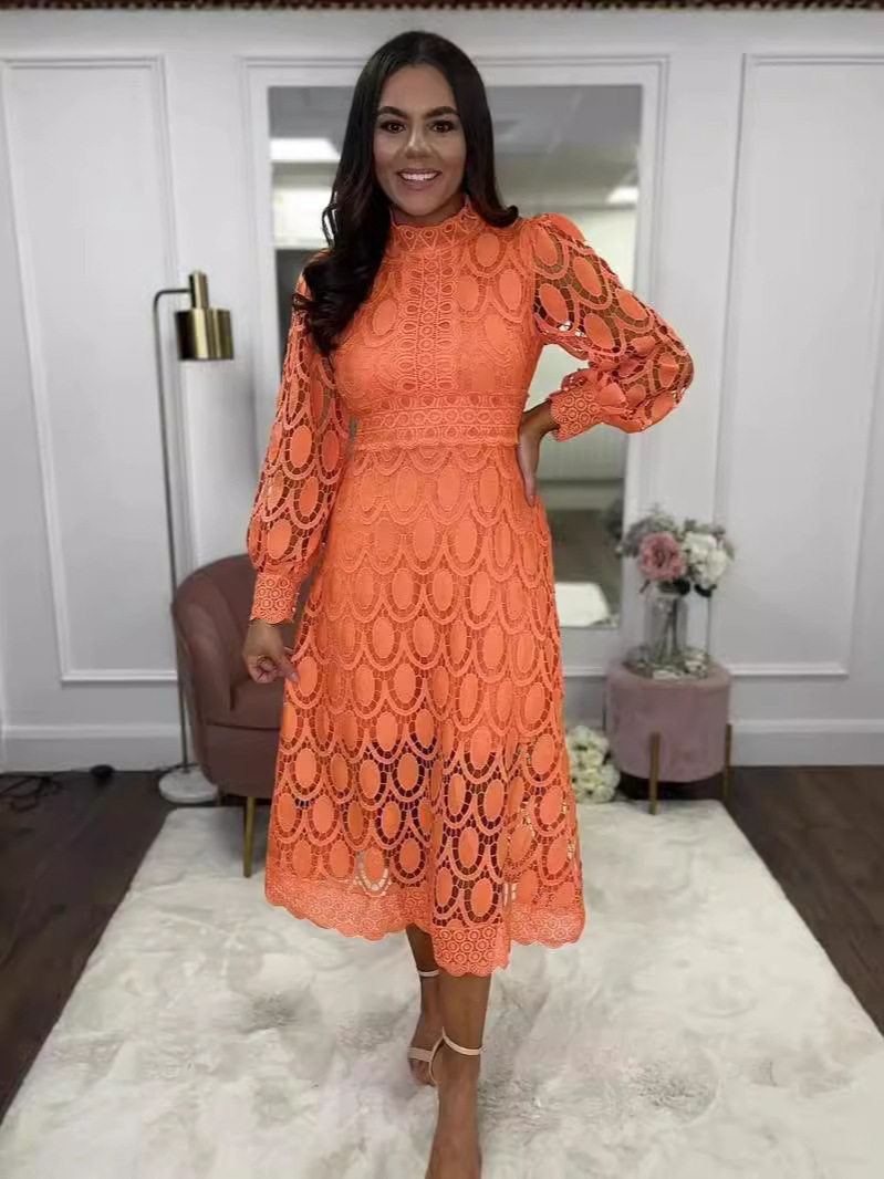 Lace Maxi Dress Sexy Hollow Out Long Sleeve Stand Collar Flared Hem Summer Occasion Wholesale Available