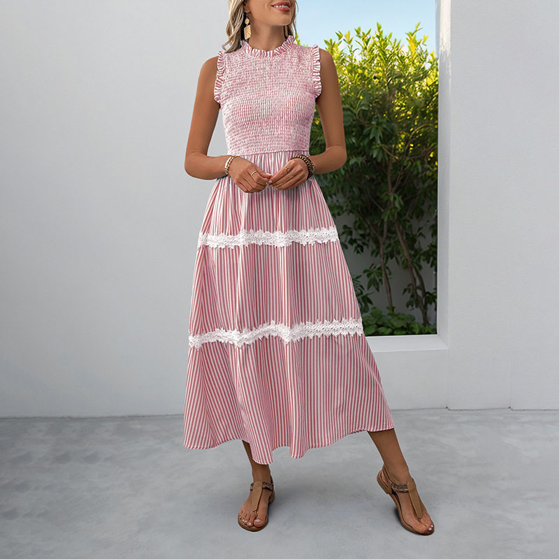 Summer Sleeveless Dress Sweet Lace Trim Striped Pattern Casual Style Perfect for Warm Weather Occasions Wholesale