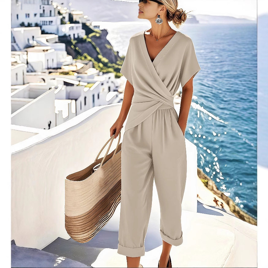 Foreign Trade Women's Clothing European and American Cross-Border Summer New Products Independent Station Aliexpress Fashion Solid Color Irregular Short-Sleeved Suit