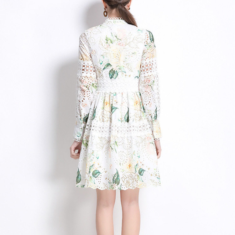 Elegant French Style Hollow Out Floral Embroidery A Line Dress Waist Defined Printed Chic Design Perfect for Parties