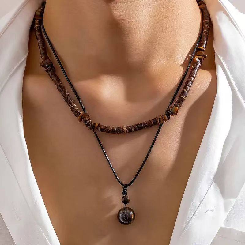 European and American Fashion Coconut Shell Turquoise Leather Wax Necklace suit Men's Hip-Hop Niche Overlapped Woolen Chain Cross-Border Jewelry for Men