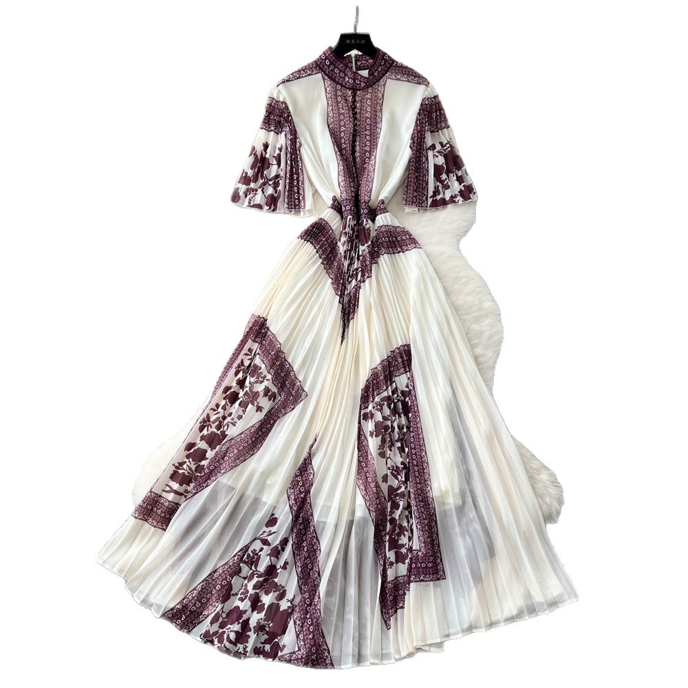French Style Floral Maxi Dress for Women with Pleated Design and Stand Collar Available in Multiple Colors and Sizes