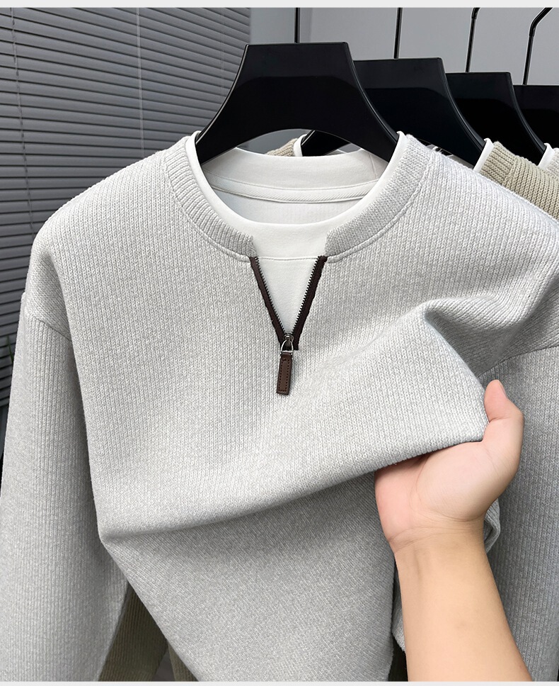 Áo nỉ dệt kim nam khóa kéo nửa thân cổ đứng phong cách công sở — Xanh đen, Màu trắng ngà, Xám nhạt, Xanh đậu