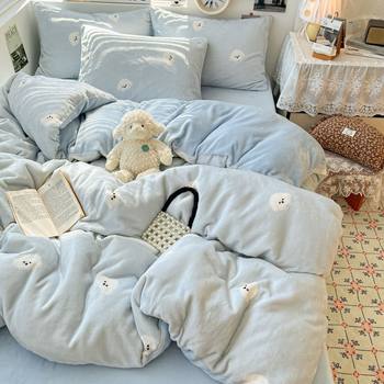 Class a Winter Thickeneded Milk Velvet Four-Piece Set Fleece-Lined Thickeneded Single Quilt Cover Cartoon Fresh Student Dormitory Three-Piece Set 4