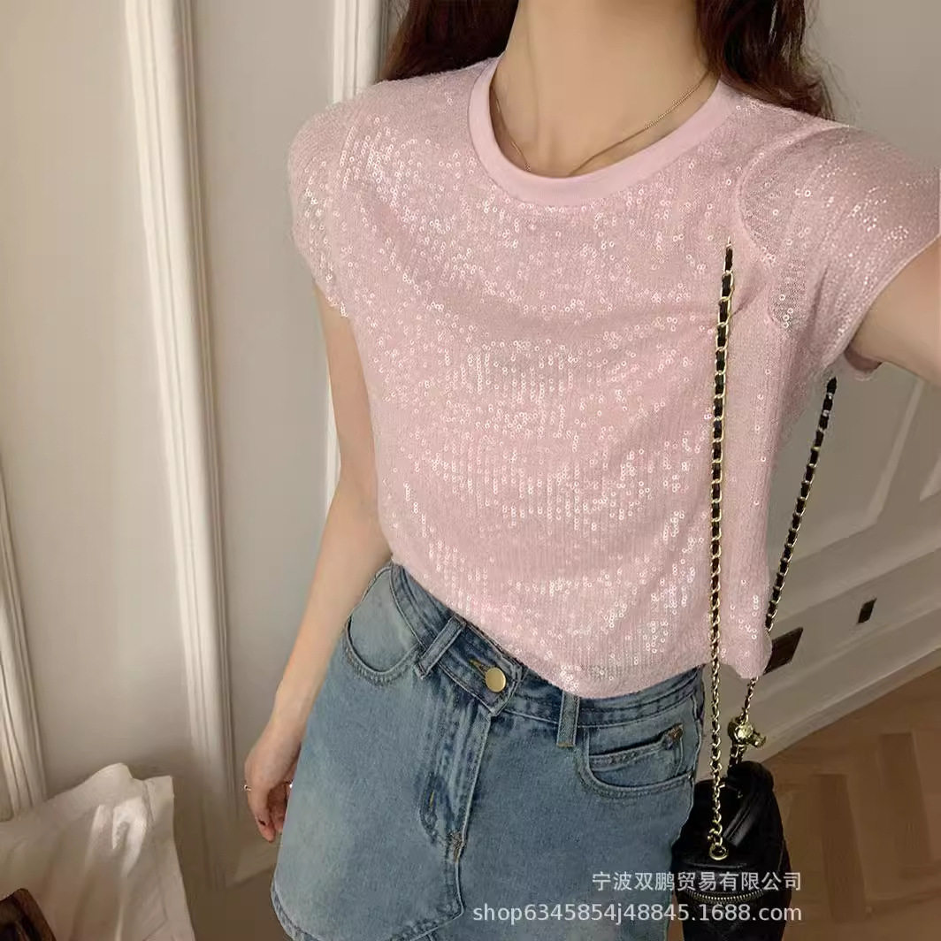 Summer Womens Sheer Mesh Top Short Sleeve Sequin Detail Pastel Colors Casual Wear Wholesale Available