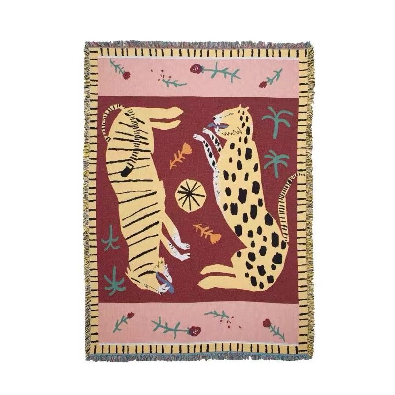 Cross-Border Export American Jacquard Cotton Blanket Thickened Sofa Cover Blanket Pink Panther Tapestry Art Gift Blanket Camping Blanket