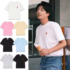 Ami Short-Sleeve Summer T-Shirt with Small Heart Embroidery, Classic Style, Trendy Brand, Loose Fit, Unisex, Crew Neck, Half-Sleeve Top