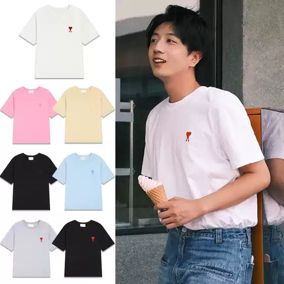 Ami Short-Sleeve Summer T-Shirt with Small Heart Embroidery, Classic Style, Trendy Brand, Loose Fit, Unisex, Crew Neck, Half-Sleeve Top
