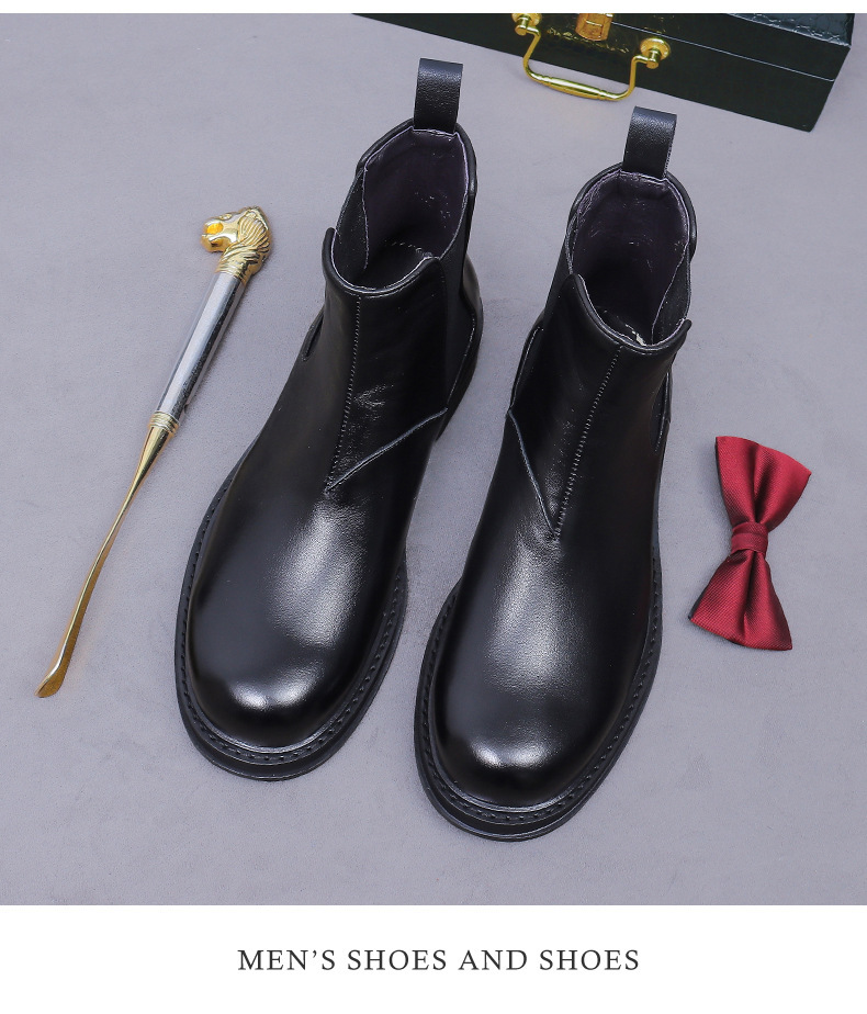 Giày boot Chelsea nam da bò thật cổ thấp đế dày phong cách công sở — đen