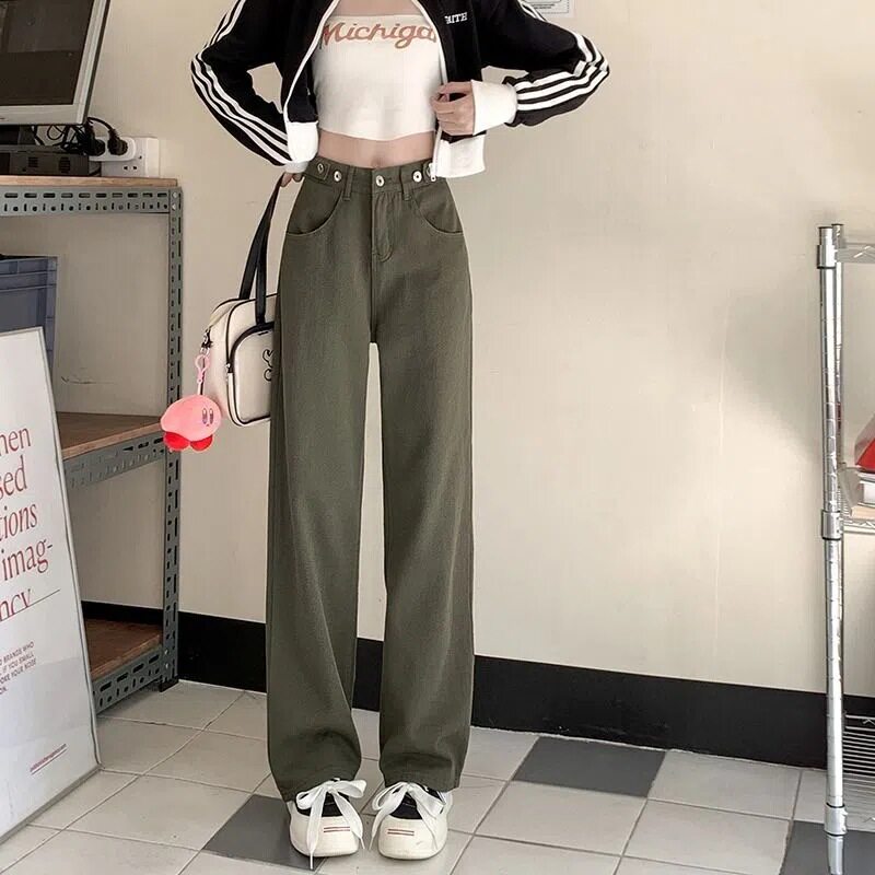 Plus Size Vintage High Waisted Slimming Jeans Loose Fit Straight Leg Green Color Autumn Casual Wear Wholesale
